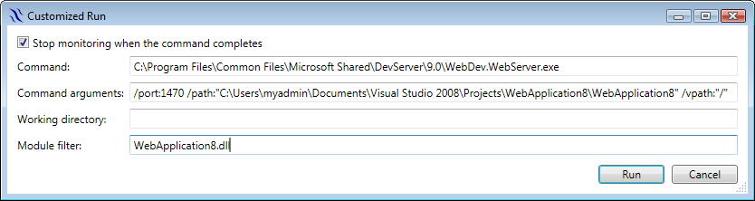 Customized Run settings to start ASP.NET monitoring in VS 2008