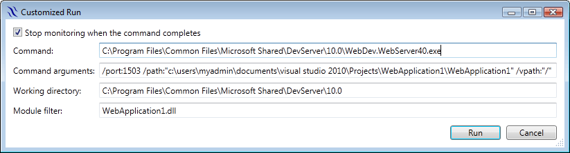 Customized Run settings to start ASP.NET monitoring in VS 2010