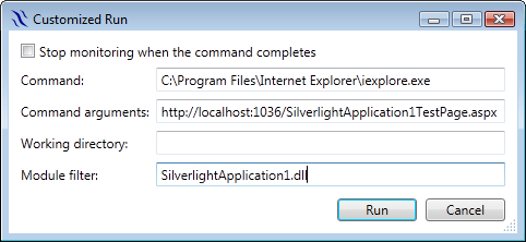Internet Explorer Customized Run settings