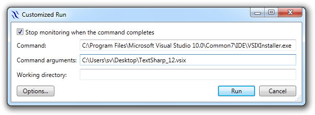 Runtime Flow customized run settings for VSIX installer monitoring