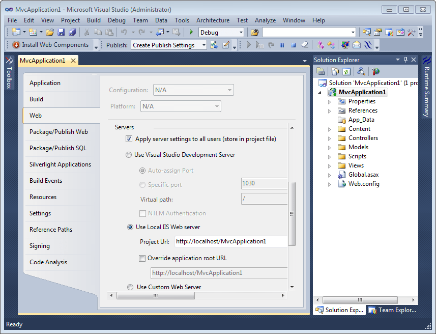 A sample MVC application in Visual Studio 2010 configured to use local IIS web server