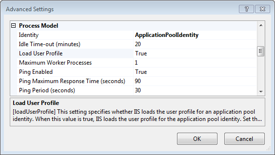 Advanced application pool settings