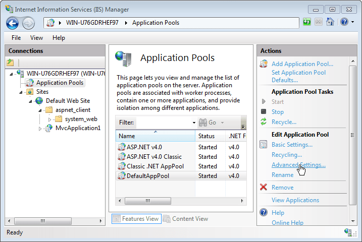 Application pools in IIS manager
