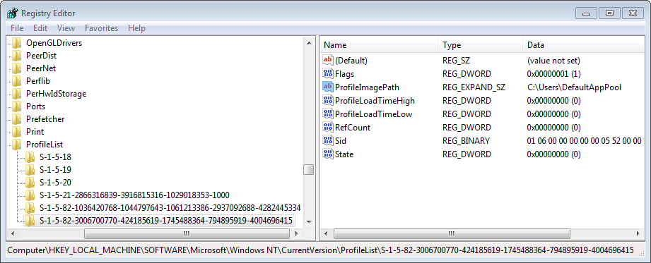 DefaultAppPool SID in registry