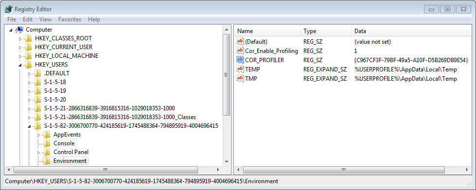 Environment settings for DefaultAppPool